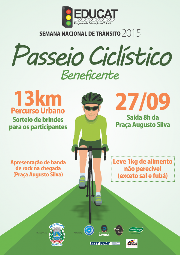 O passeio ciclístico beneficente será no próximo domingo (27/09), a partir das 8h, na praça Dr. Augusto Silva